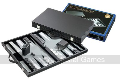 Philos 18.5-inch Backgammon Set in Black Case with Grey Felt Surface, Accessories Included