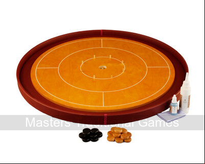 Masters Crokinole Tournament Board - Beech & Crimson - LEATHERETTE DITCH (with discs, powder & wax wipe set)