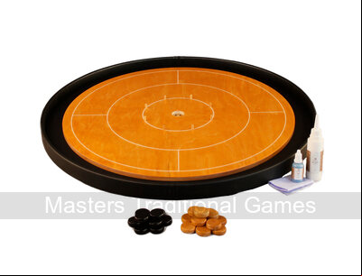 Masters Crokinole Tournament Board - Beech & Ebony - LEATHERETTE DITCH (with discs, powder & wax wipe set)