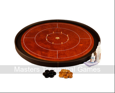 Masters Crokinole Tournament Board - Cherry & Chocolate - LEATHERETTE DITCH (with discs, powder & wax wipe set)