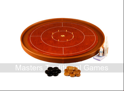 Masters Crokinole Tournament Board - Cherry & Cognac - LEATHERETTE DITCH (with discs, powder & wax wipe set)