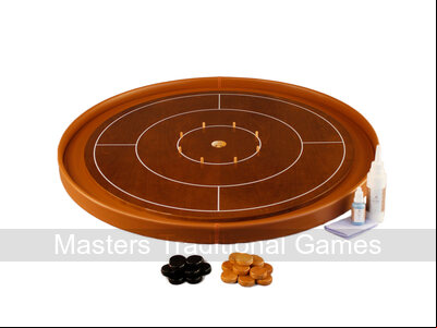 Masters Crokinole Tournament Board - Walnut & Cognac - LEATHERETTE DITCH (with discs, powder & wax wipe set)