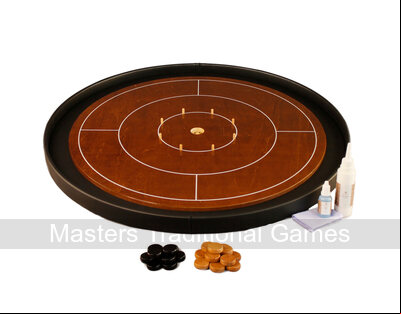 Masters Crokinole Tournament Board - Walnut & Ebony - LEATHERETTE DITCH (with discs, powder & wax wipe set)