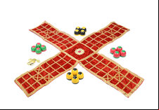 Pachisi - cloth board, beehive pieces & cowry shells (gold stitching)