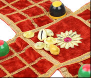 Pachisi - cloth board, beehive pieces & cowry shells (gold stitching)