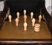 Set of Northamptonshire skittle pins and cheeses (Beech)